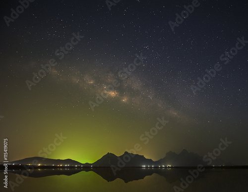 Milky Way Galaxy on green sky at Khao Sam Roi Yod National park Thailand.