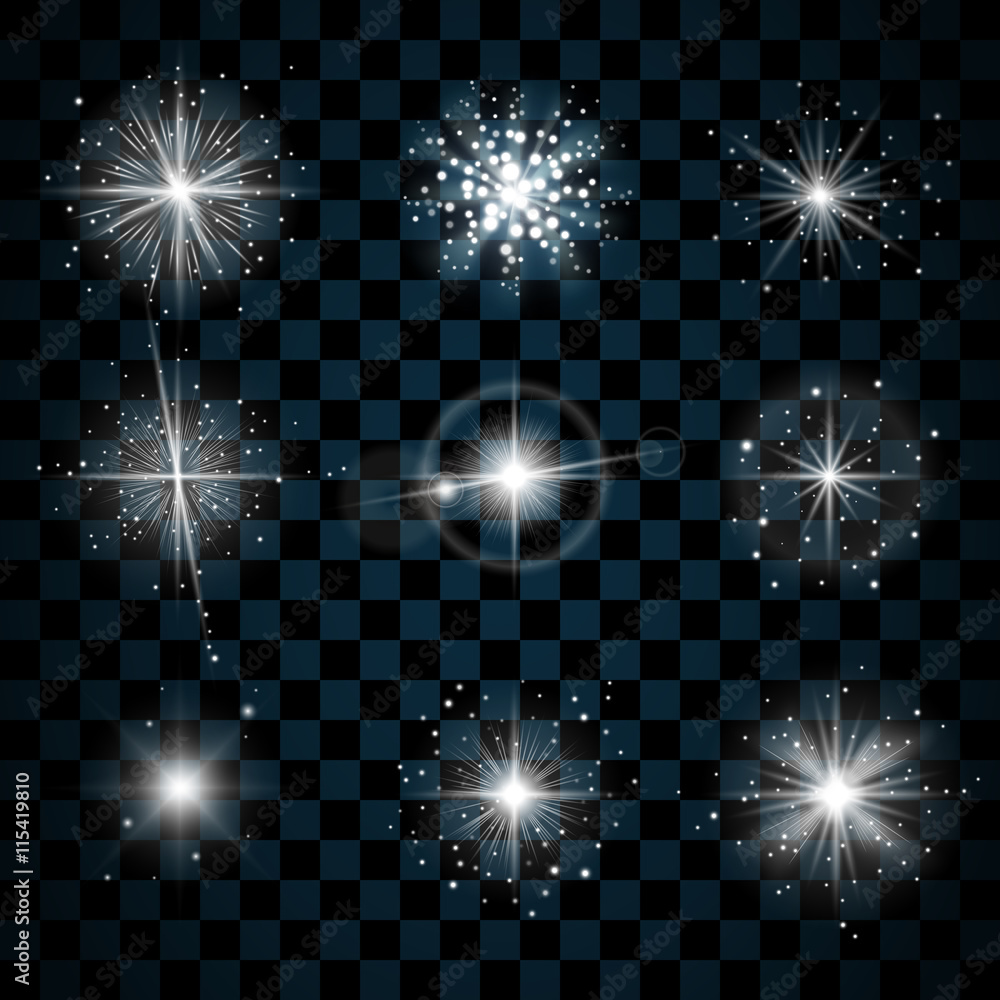 Shine stars with glitters and sparkles icons set. Effect twinkle, glare, scintillation element sign, graphic light. Transparent design elements on dark background. Varied template. Vector illustration - obrazy, fototapety, plakaty 