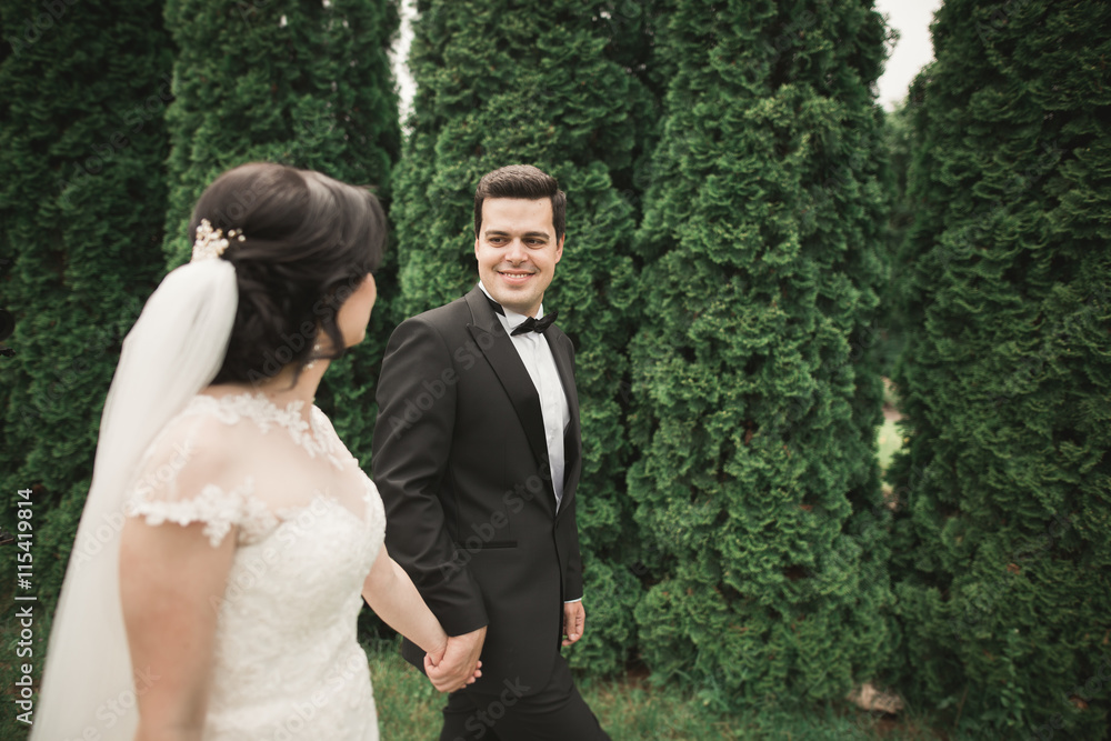 Beautiful romantic wedding couple of newlyweds hugging in park on sunset Beautiful romantic wedding couple of newlyweds hugging in park on sunset