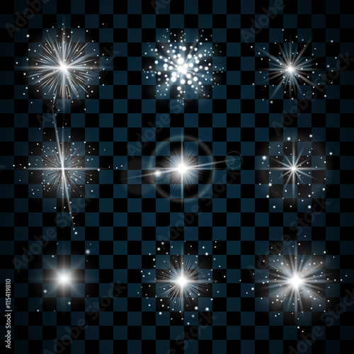Shine stars with glitters and sparkles icons set. Effect twinkle, glare, scintillation element sign, graphic light. Transparent design elements on dark background. Varied template. Vector illustration