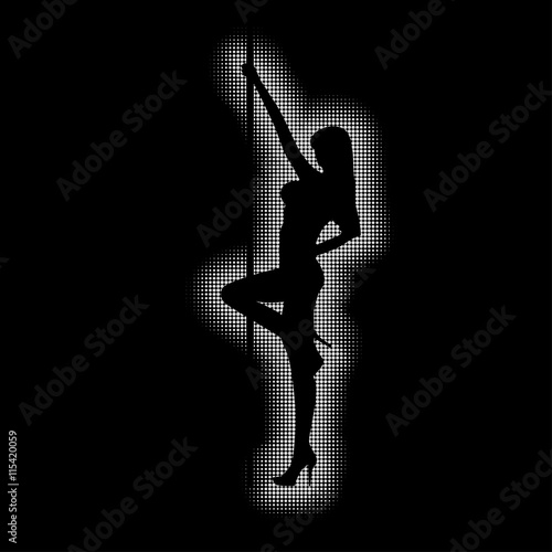 Romantic striptease. Silhouette of a stripper on pole. Halftone