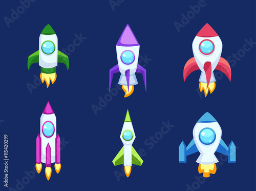 Rocket set and technology space ship rocket cartoon icons. Science future travel rocket and shuttle fly rocket. Speed galaxy fantasy rocket and futuristic spacecraft, astronaut modern element.