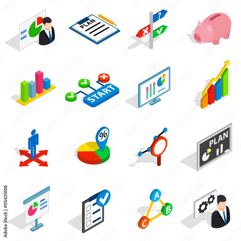 Business plan icons in isometric 3d style. Business strategy set isolated vector illustration Business plan icons in isometric 3d style. Business strategy set isolated vector illustration