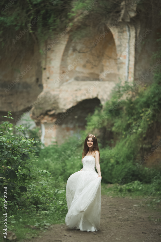 Gorgeous romantic gentle stylish beautiful caucasian bride on the background ancient baroque castle Gorgeous romantic gentle stylish beautiful caucasian bride on the background ancient baroque castle