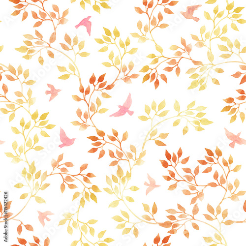 Autumn leaves and birds. Watercolor naive seamless pattern