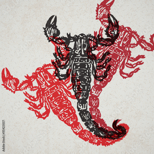 Vector Illustrated scorpion in engraved technic on old paper