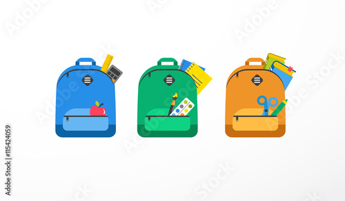 Student bag, backpack colorful set of icons. Back to school concept