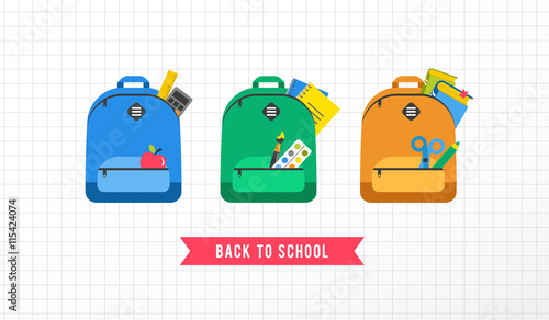 Student bag, backpack colorful set of icons. Back to school concept