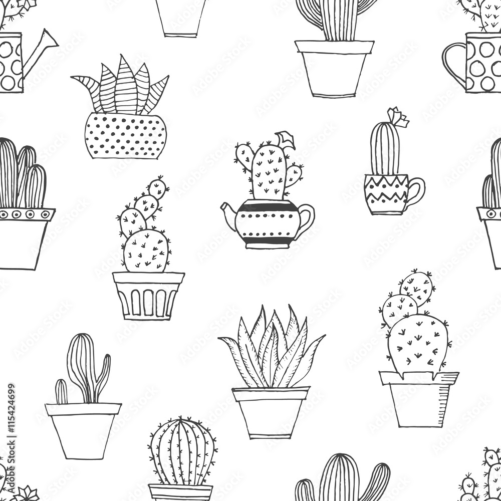 Hand drawn seamless pattern with cute cactus in simple style. Cute cartoon potted cacti pattern. Vector illustration. Hand drawn seamless pattern with cute cactus in simple style. Cute cartoon potted cacti pattern. Vector illustration.