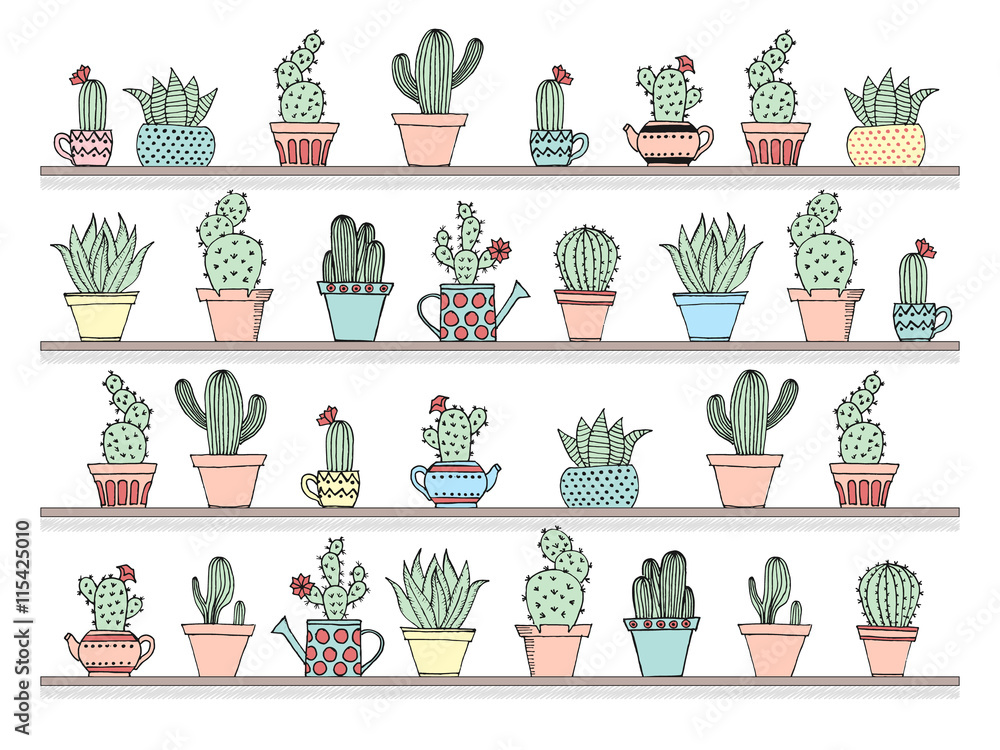 Colorful background with cute cactus set in simple hand drawn style