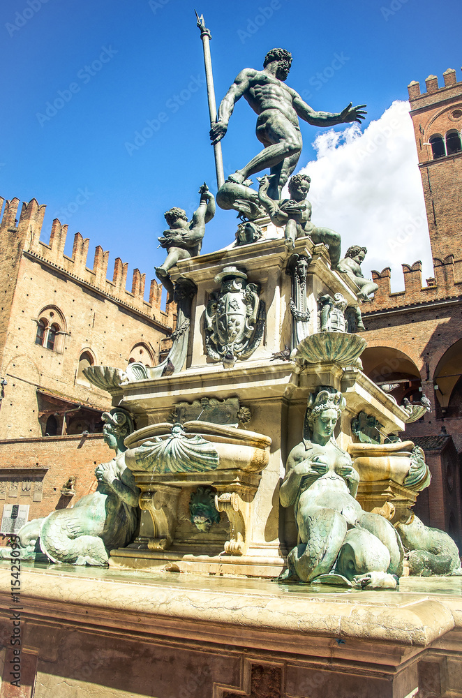 Bologna, Italy, April 25 2016: The tall Neptune fountain during