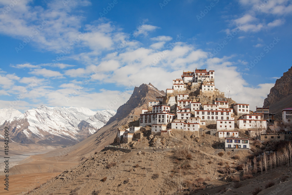 Picturesque view of the Key Gompa Monastery (4166 m) at sunrise. Spiti valley, Himachal Pradesh, India.