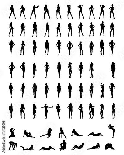 Black silhouettes of beautiful girls in various poses, vector
