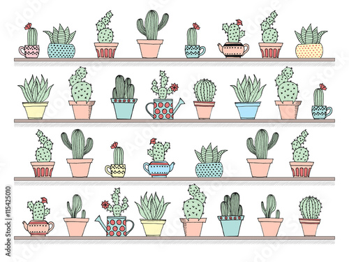 Colorful background with cute cactus set in simple hand drawn style. Cute cartoon potted cacti background. Vector illustration.