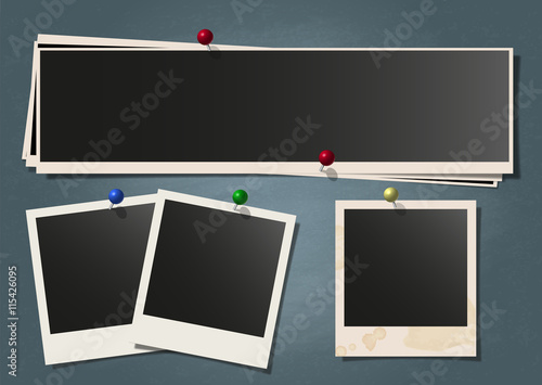 Photo polaroid frame set on attached with pin on schoolboard background. Isolated on white Collection of retro photography shots. Vector illustration.