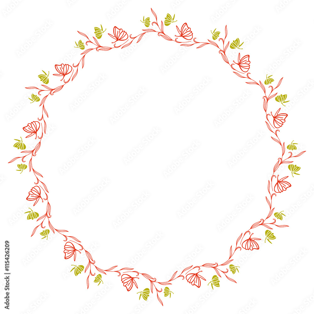 Elegant color round frame with bluebells and butterfly. Design element for advertisements, flyer, web, wedding and other invitations or greeting cards.Vector clip art. Elegant color round frame with bluebells and butterfly. Design element for advertisements, flyer, web, wedding and other invitations or greeting cards.Vector clip art.