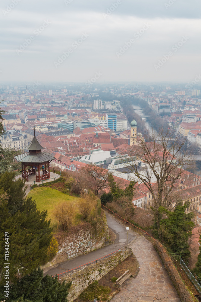 Graz, Austria - February 28, 2016. Graz city view from the castle hill in the center.