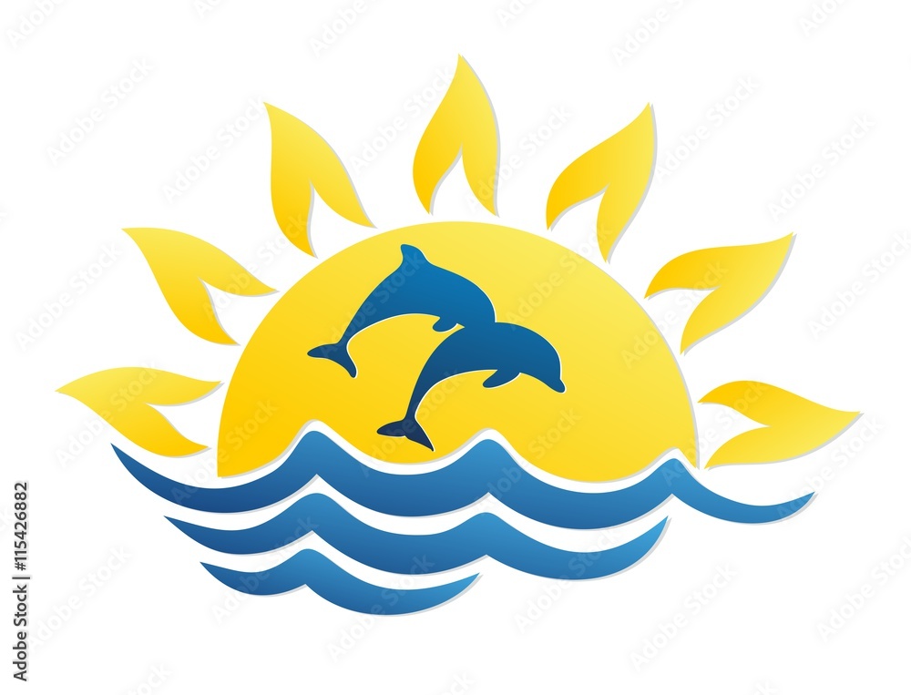 Fototapeta premium Logo of sun and sea with dolphins.