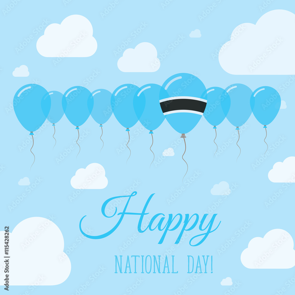 Botswana National Day Flat Patriotic Poster. Row of Balloons in Colors of the Motswana flag. Happy National Day Card with Flags, Balloons, Clouds and Sky.