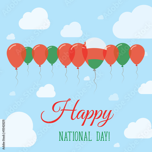 Oman National Day Flat Patriotic Poster. Row of Balloons in Colors of the Omani flag. Happy National Day Card with Flags, Balloons, Clouds and Sky.