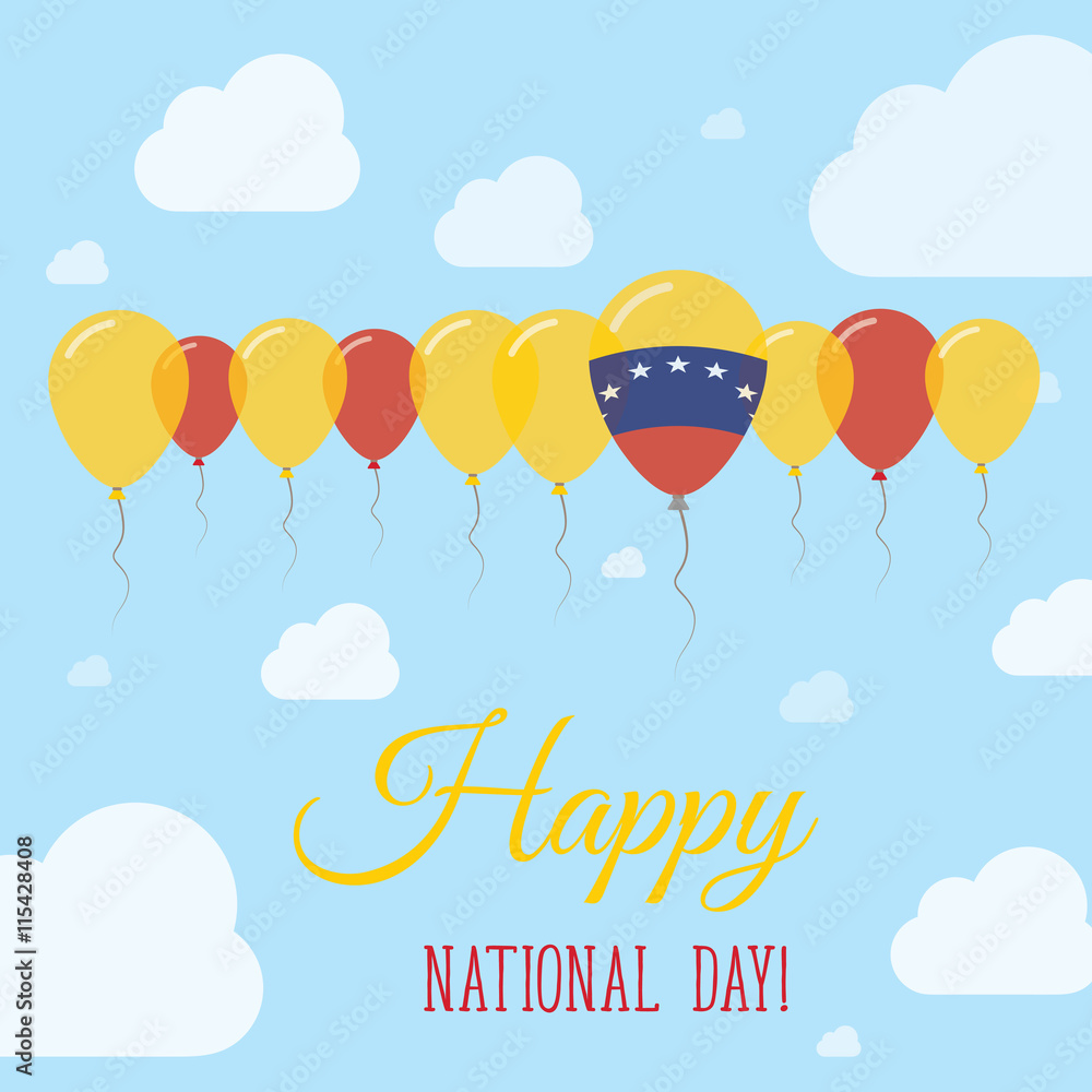 Venezuela, Bolivarian Republic of National Day Flat Patriotic Poster. Row of Balloons in Colors of the Venezuelan flag. Happy National Day Card with Flags, Balloons, Clouds and Sky. Venezuela, Bolivarian Republic of National Day Flat Patriotic Poster. Row of Balloons in Colors of the Venezuelan flag. Happy National Day Card with Flags, Balloons, Clouds and Sky.