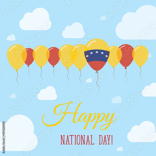 Venezuela, Bolivarian Republic of National Day Flat Patriotic Poster. Row of Balloons in Colors of the Venezuelan flag. Happy National Day Card with Flags, Balloons, Clouds and Sky.