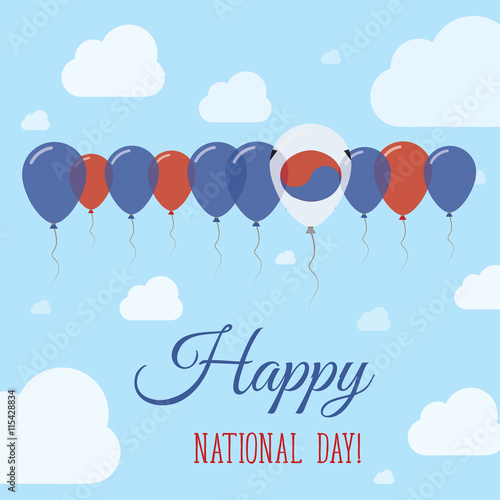 Korea, Republic of National Day Flat Patriotic Poster. Row of Balloons in Colors of the South Korean flag. Happy National Day Card with Flags, Balloons, Clouds and Sky.
