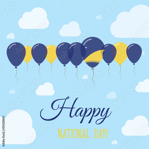 Tokelau National Day Flat Patriotic Poster. Row of Balloons in Colors of the Tokelauan flag. Happy National Day Card with Flags, Balloons, Clouds and Sky.