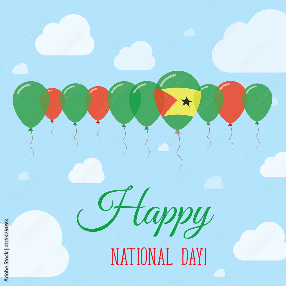 Sao Tome and Principe National Day Flat Patriotic Poster. Row of Balloons in Colors of the Sao Tomean flag. Happy National Day Card with Flags, Balloons, Clouds and Sky.