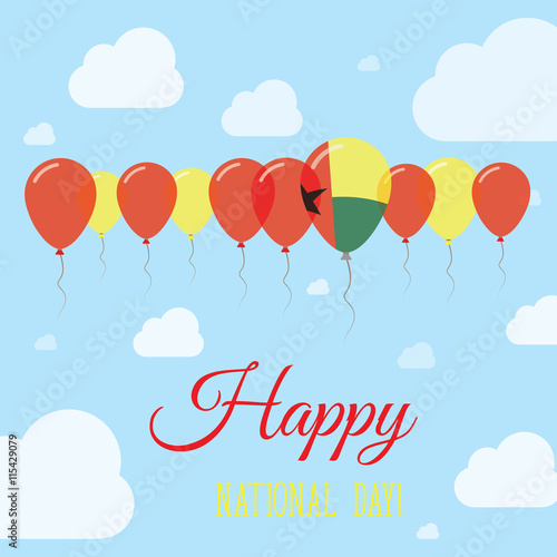 Guinea-Bissau National Day Flat Patriotic Poster. Row of Balloons in Colors of the Guinea-Bissauan flag. Happy National Day Card with Flags, Balloons, Clouds and Sky.