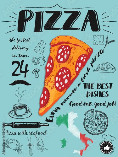 The menu for the restaurant and fast food restaurant. Drawing by hand. Pizzeria and Italian.