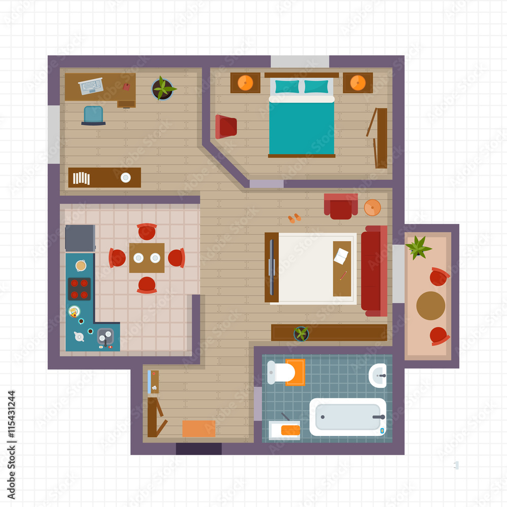 Detailed apartment furniture overhead top view Detailed apartment furniture overhead top view