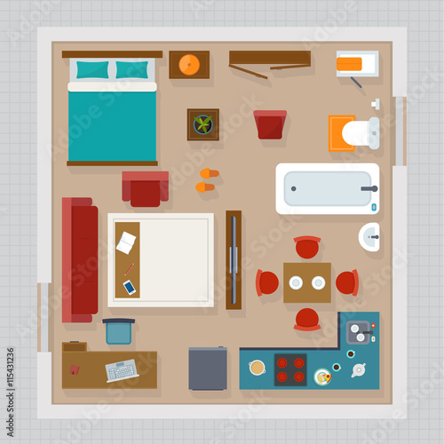 Detailed apartment furniture overhead top view