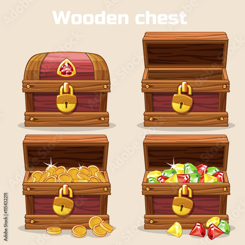 Opened and closed chest with coins diamonds