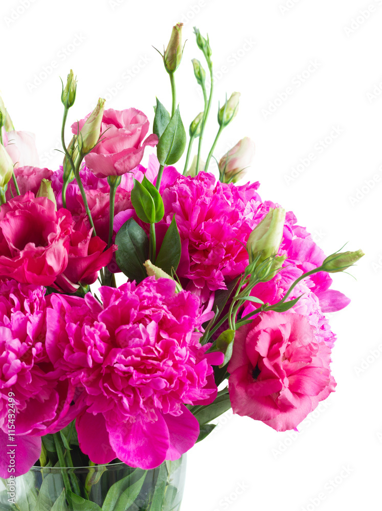 Bright pink peony and eustoma flowers bouquet in blue pot isolated on white background Bright pink peony and eustoma flowers bouquet in blue pot isolated on white background
