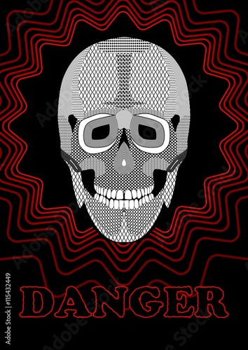 Danger placard with skull drawing. Black and white skull on black background decorated with line star shape. Hazard warning flyer.
