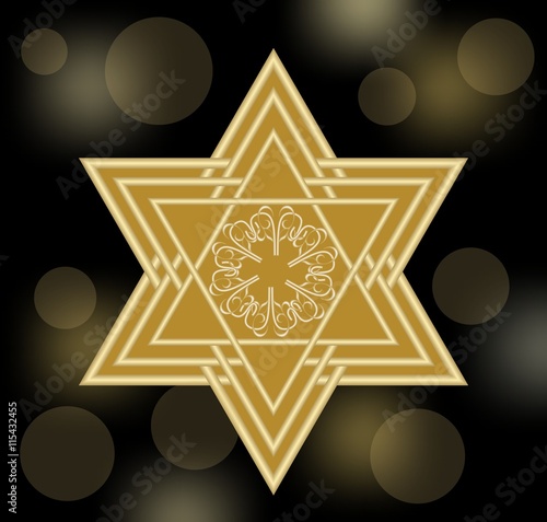 David star in gold design. Star of David on black bokeh background with soft lights. Abstract decoration with jewish symbol.