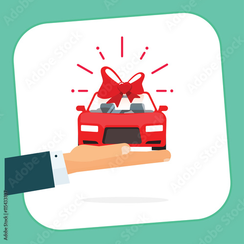 New car gift badge vector illustration, hand holding red auto with bow present, automobile gift logo, flat happy, dealership delivery service ribbon, sticker icon design isolated on white, sign