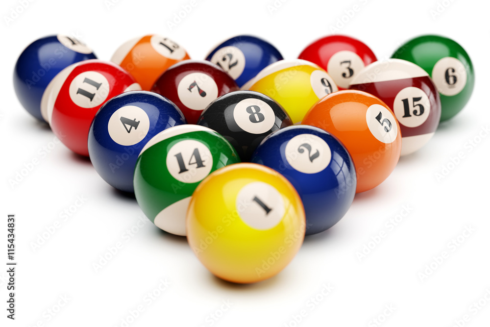 Fotografiet, Poster Snooker billiard balls pyramid isolated on white  background 3d på Europosters.se