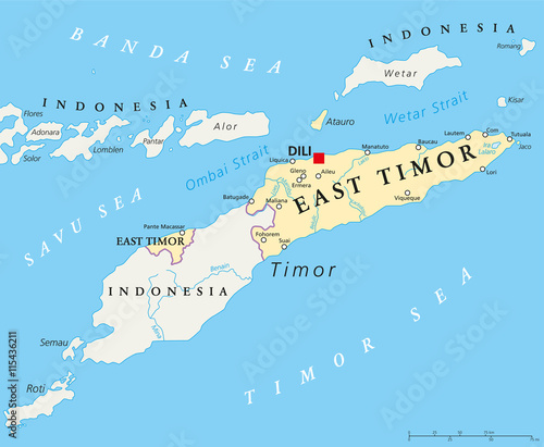 East Timor political map with capital Dili, national borders, important cities and rivers. Also known as Timor Leste, a sovereign state in Southeast Asia bordered to Indonesia. English labeling. photo
