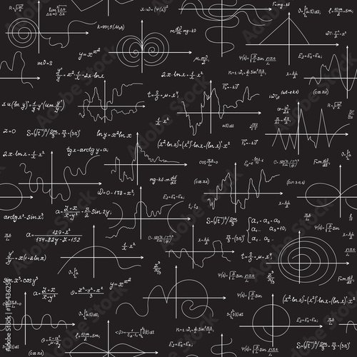 Math educational vector seamless pattern with scientific formulas, research equations and plots, handwritten with chalk on a grey board seamless design