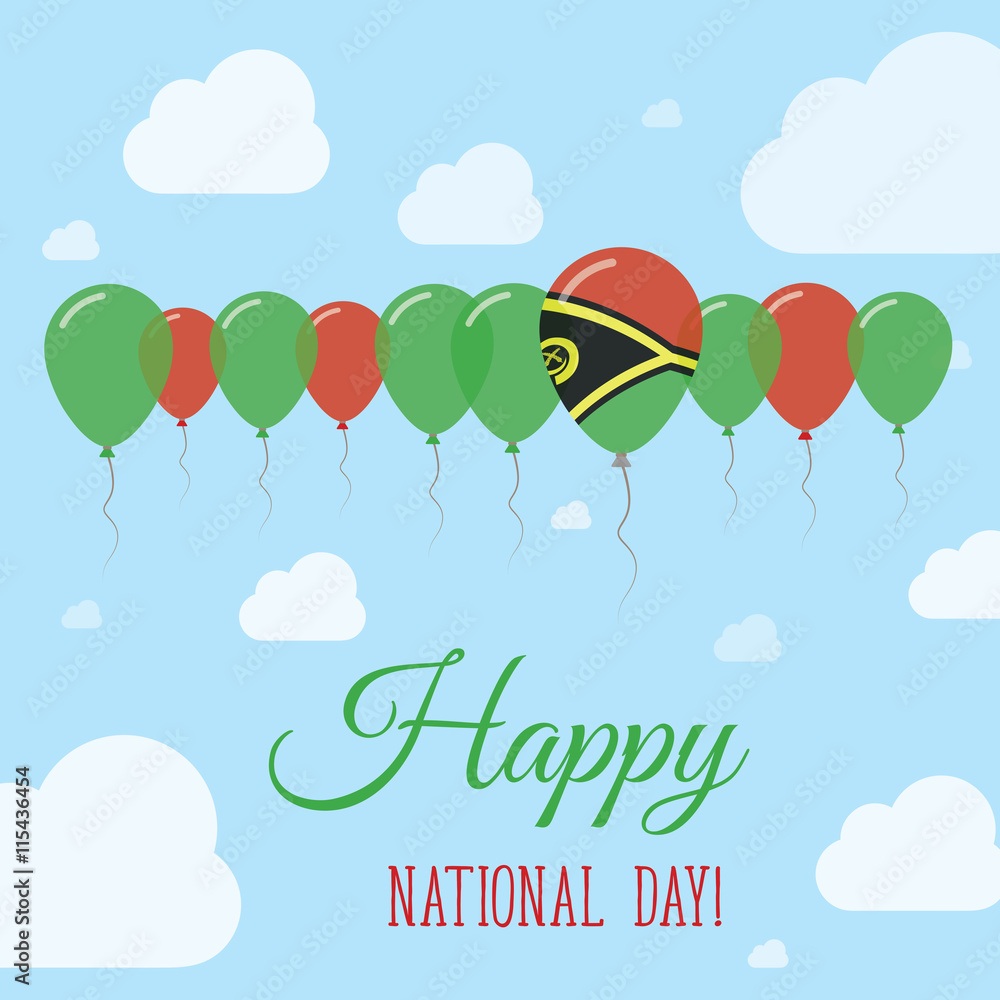 Naklejka premium Płaski plakat patriotyczny z okazji Narodowego Dnia Vanuatu. Rząd balonów w kolorach flagi Ni-Vanuatu. Karta Happy National Day z flagami, balonami, chmurami i niebem.