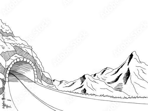 Mountain road tunnel graphic art black white landscape sketch illustration vector