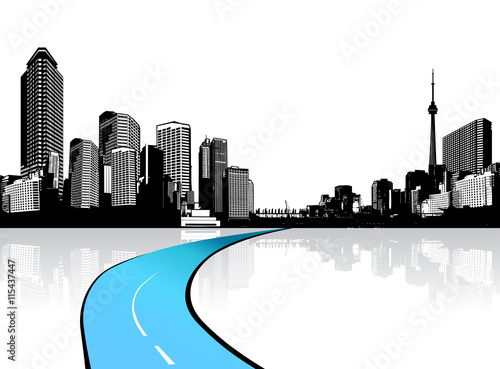 City with skyscrapers reflected in water.