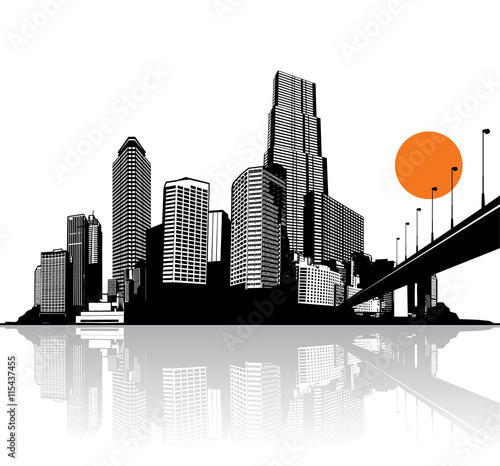 City with skyscrapers reflected in water.