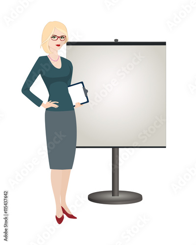 Political strategist  is standing next to the stand on white background.  Specialist in public relations, stand attendant, coordinator, PR Manager and etc.  Isolated vector illustration. 