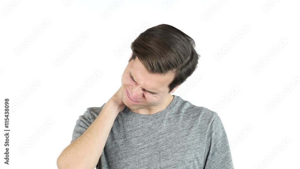 Young man with neck pain, Isolated White Background Young man with neck pain, Isolated White Background