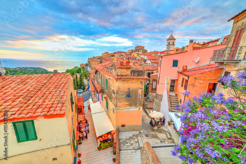 Aerial view of traditional architecture of Capoliveri, cityscape of Province of Livorno in Tuscany, Elba island, Italy