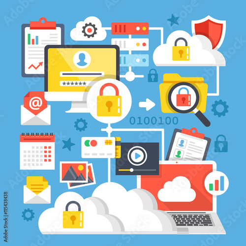 Cloud computing, cloud storage flat design concepts. Modern graphic elements and icons set. Vector illustration