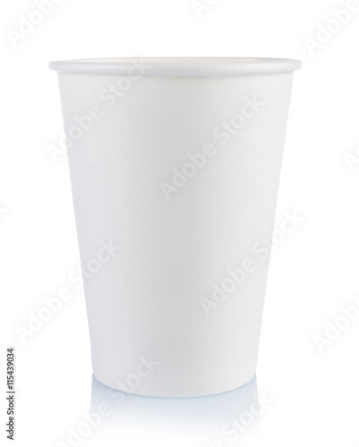 White paper cup isolated on white background, close-up.